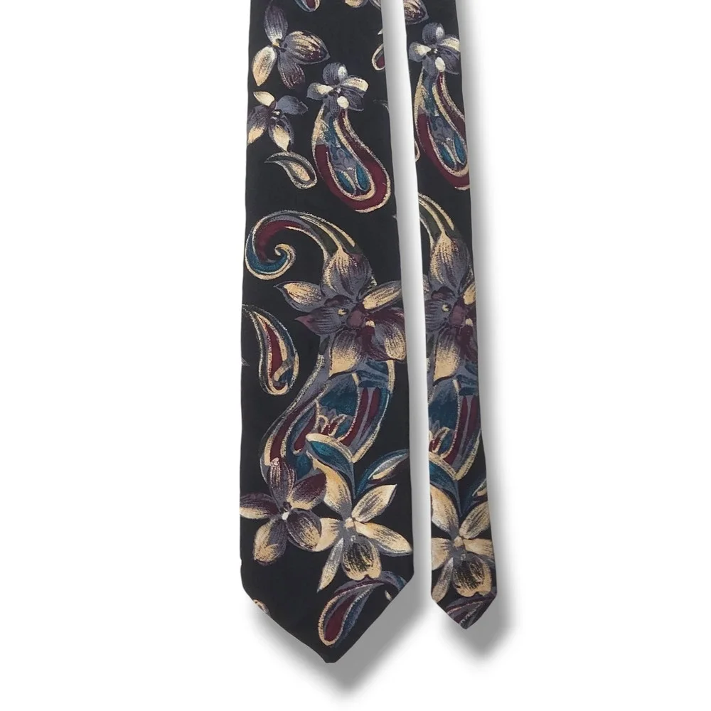 Vintage Hanover St USA Silk Necktie Wide Floral Paisley Black Burgundy Teal OS